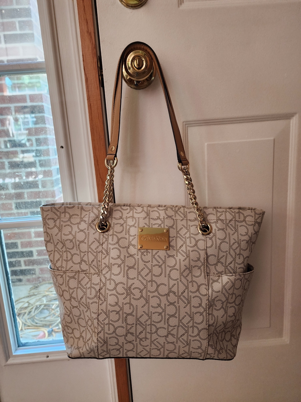 Calvin Klein Cream Monogram Tote with Gold Chain Straps